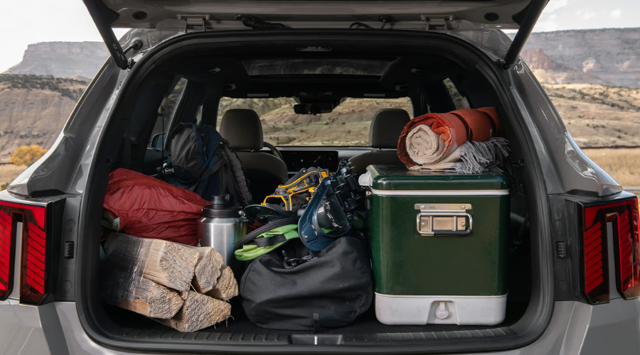 Close up of a 2026 Kia Sorento open cargo area showing grocery bags inside in Waukegan